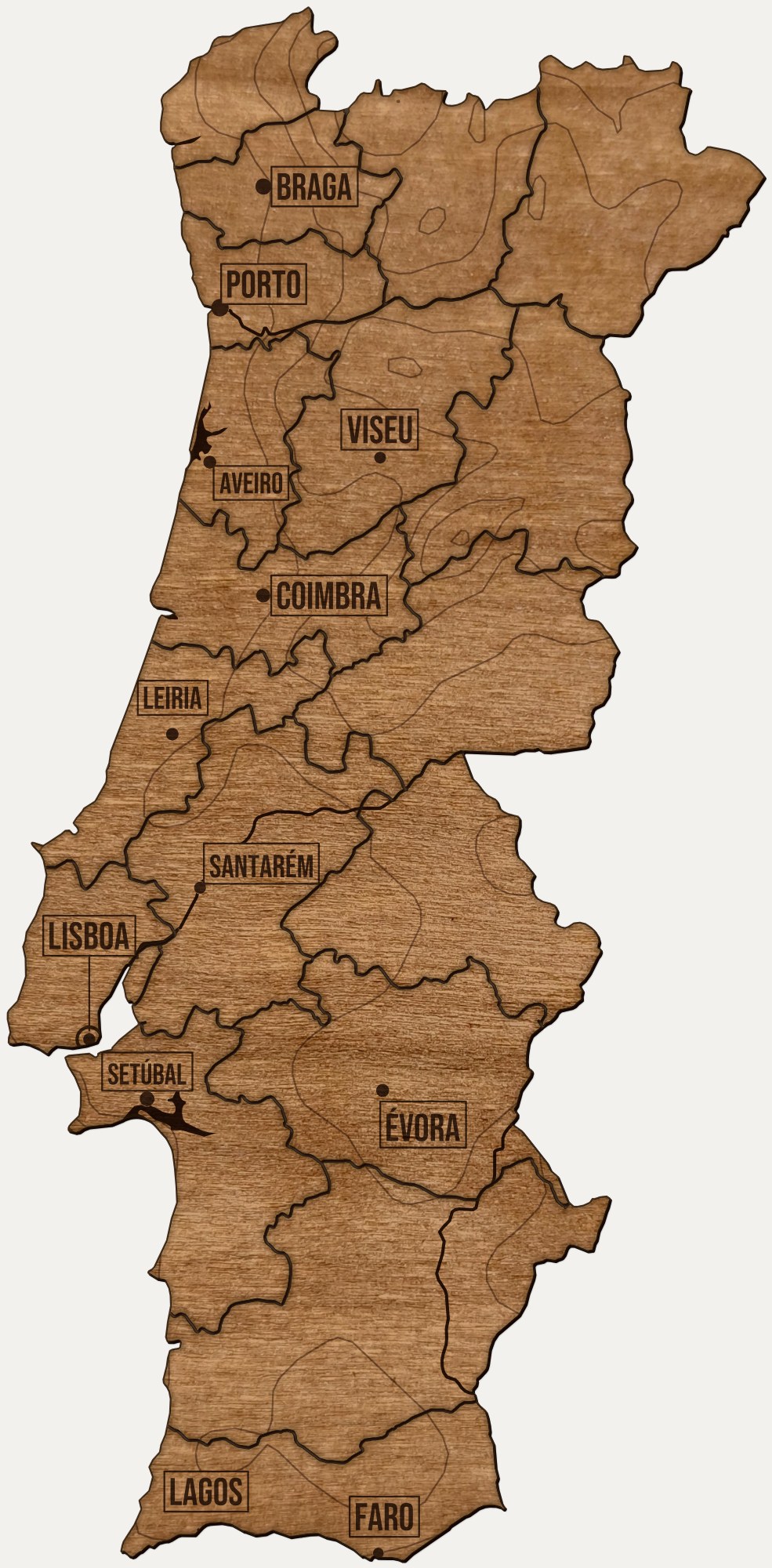 Drewniana mapa Portugalia na ścianę: regiony, nazwy miast, rzeki i ukształtowanie terenu