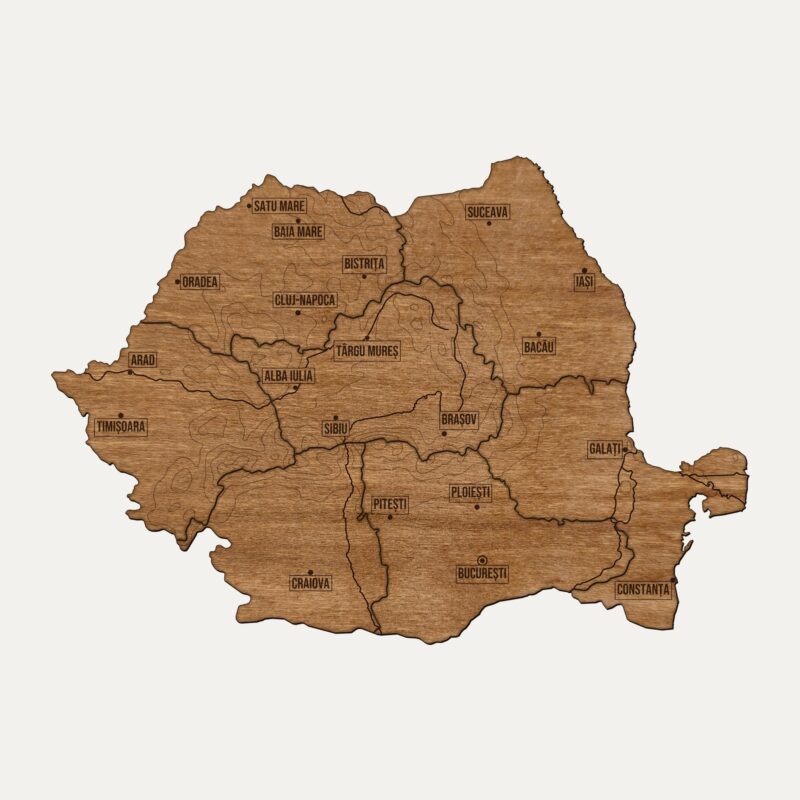 Drewniana mapa Rumunia na ścianę, cały kraj pocięty na regiony