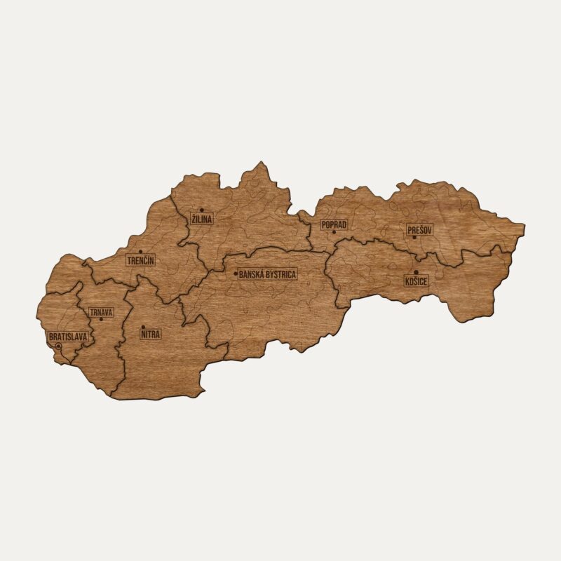 Drewniana mapa Słowacja na ścianę, cały kraj pocięty na regiony