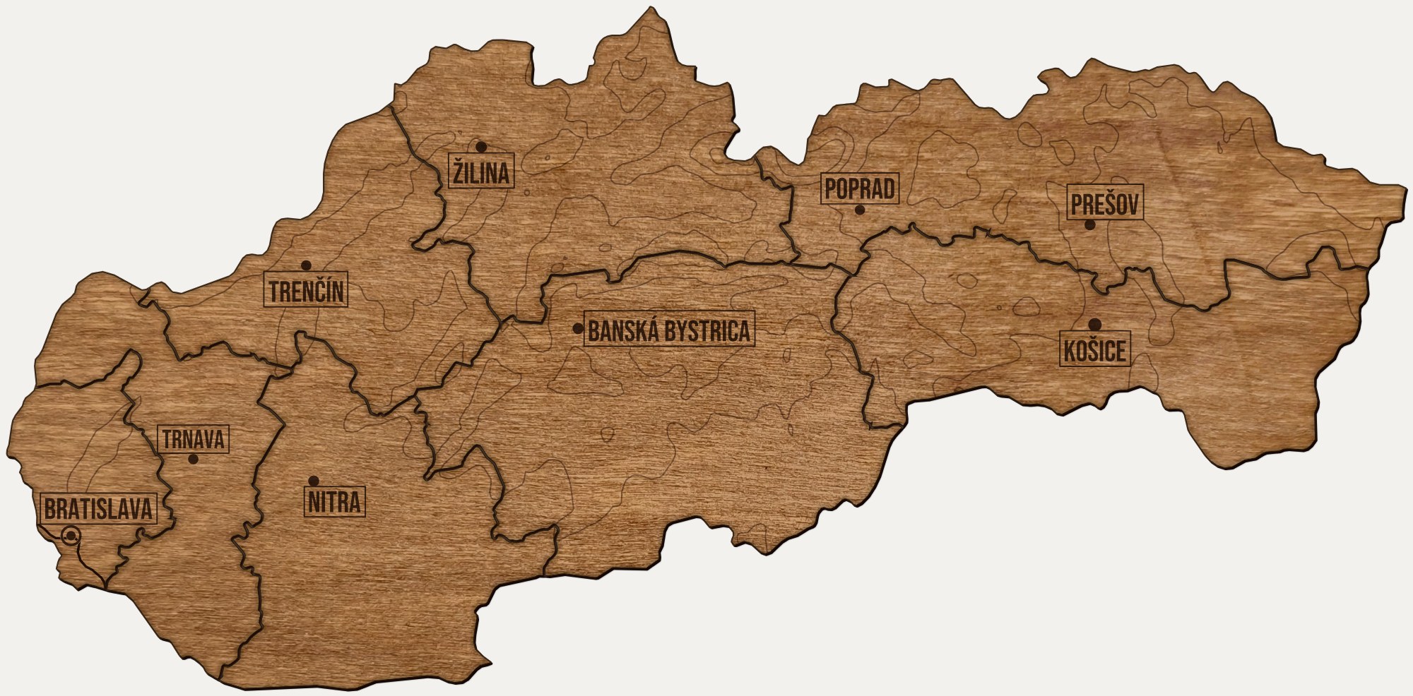 Drewniana mapa Słowacja na ścianę: regiony, nazwy miast, rzeki i ukształtowanie terenu