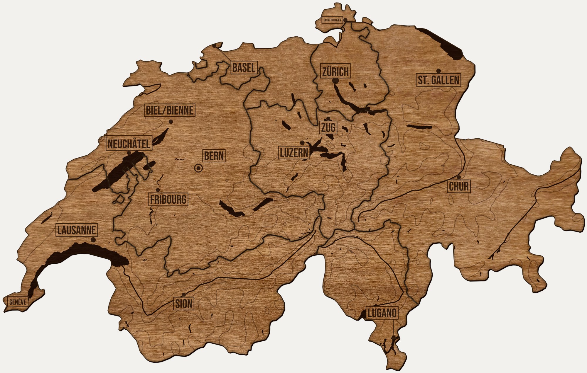 Drewniana mapa Szwajcaria na ścianę: regiony, nazwy miast, rzeki i ukształtowanie terenu