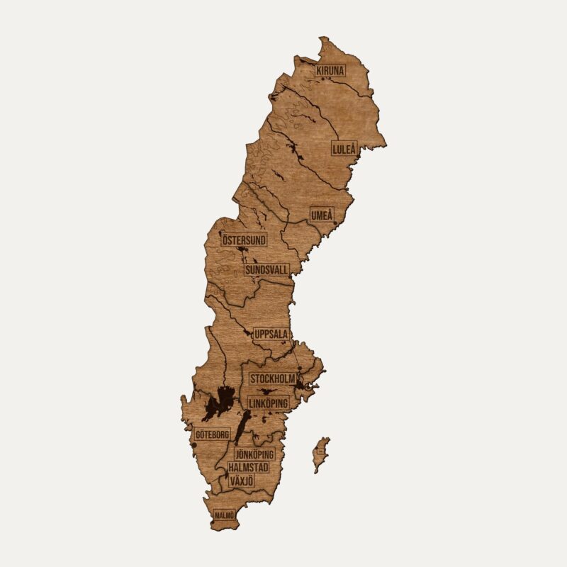 Drewniana mapa Szwecja na ścianę, cały kraj pocięty na regiony