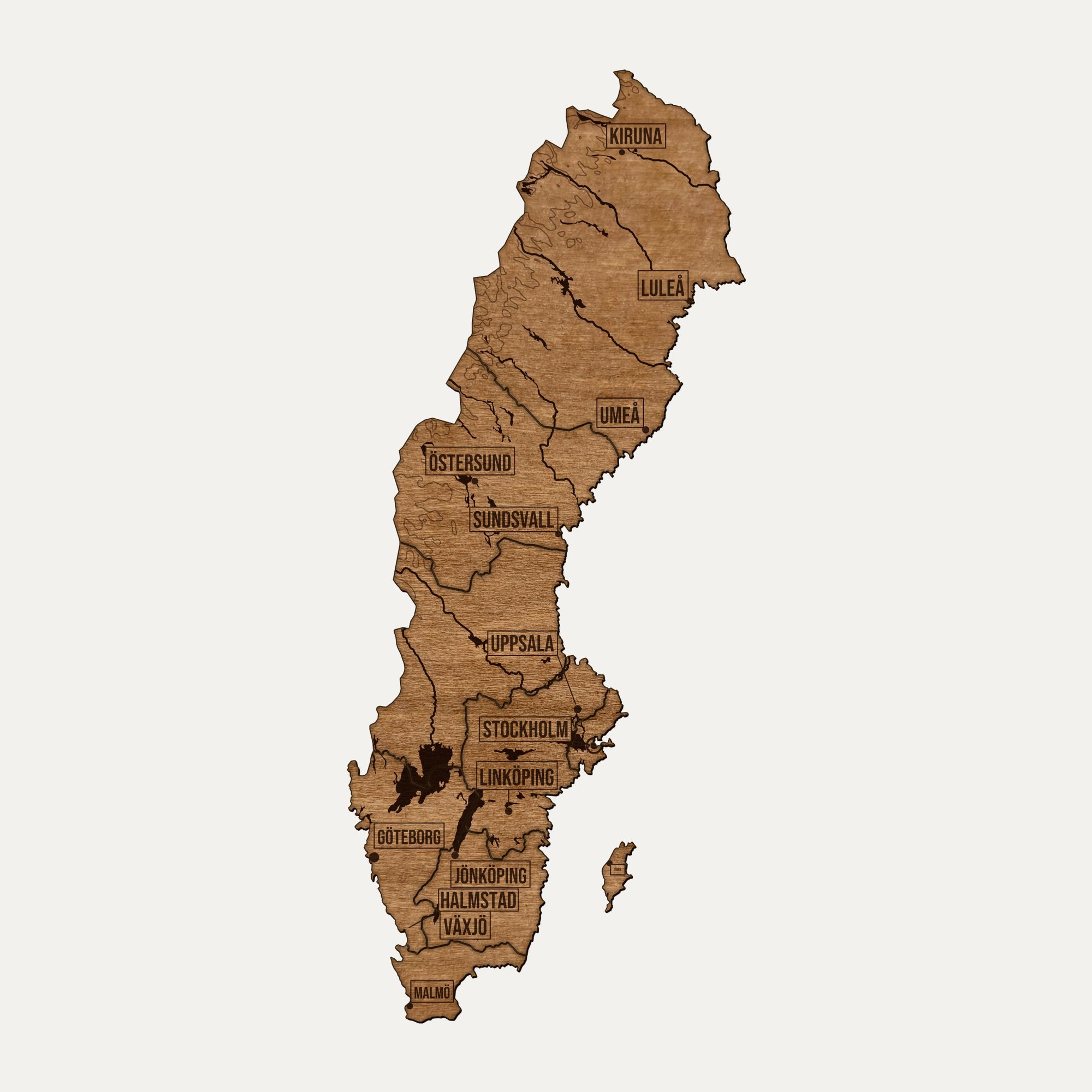 Drewniana mapa Szwecja na ścianę, cały kraj pocięty na regiony