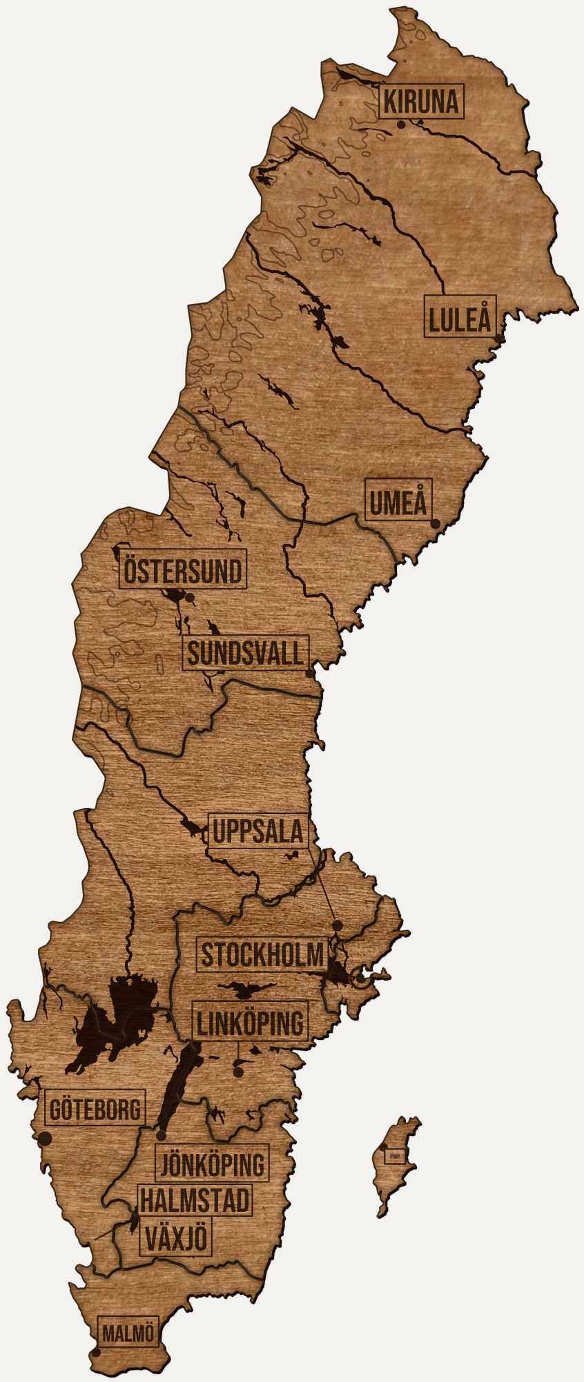 Drewniana mapa Szwecja na ścianę: regiony, nazwy miast, rzeki i ukształtowanie terenu