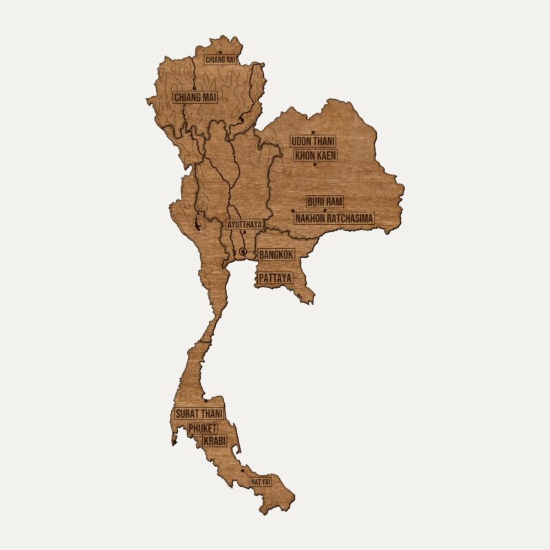 Drewniana mapa Tajlandia na ścianę, cały kraj pocięty na regiony