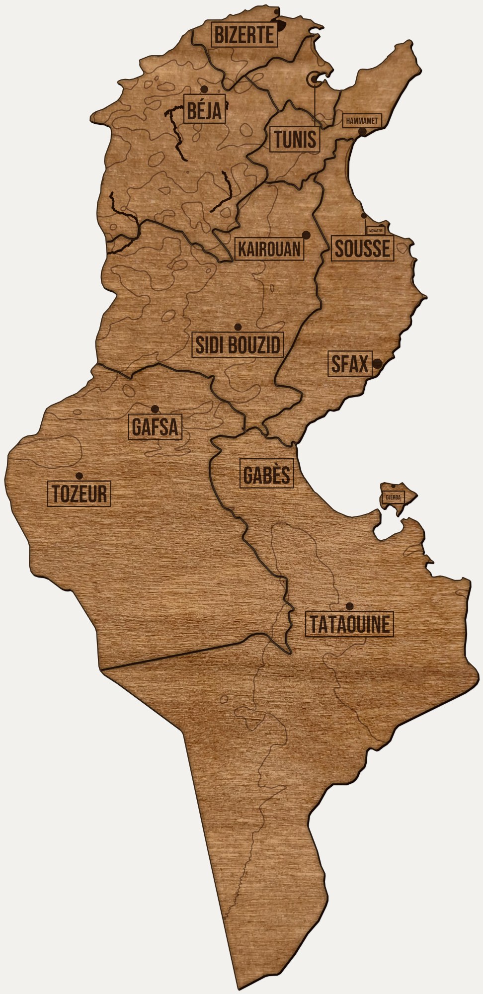 Drewniana mapa Tunezja na ścianę: regiony, nazwy miast, rzeki i ukształtowanie terenu