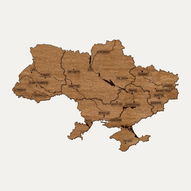 Drewniana mapa Ukraina na ścianę, cały kraj pocięty na regiony