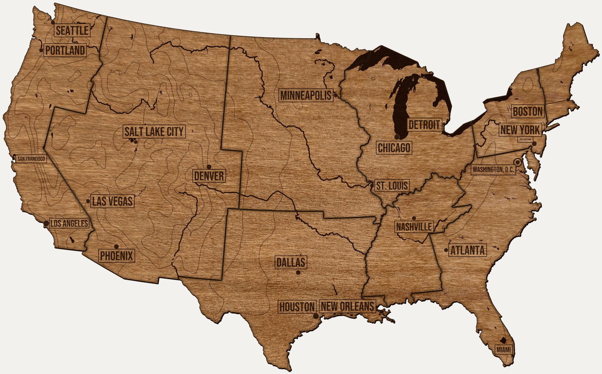 Drewniana mapa USA na ścianę: regiony, nazwy miast, rzeki i ukształtowanie terenu