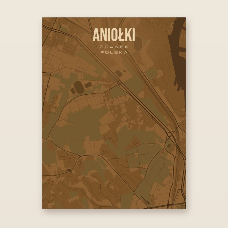 Plakat z mapą - Aniołki (Gdańsk), brązowy styl, bez ramy