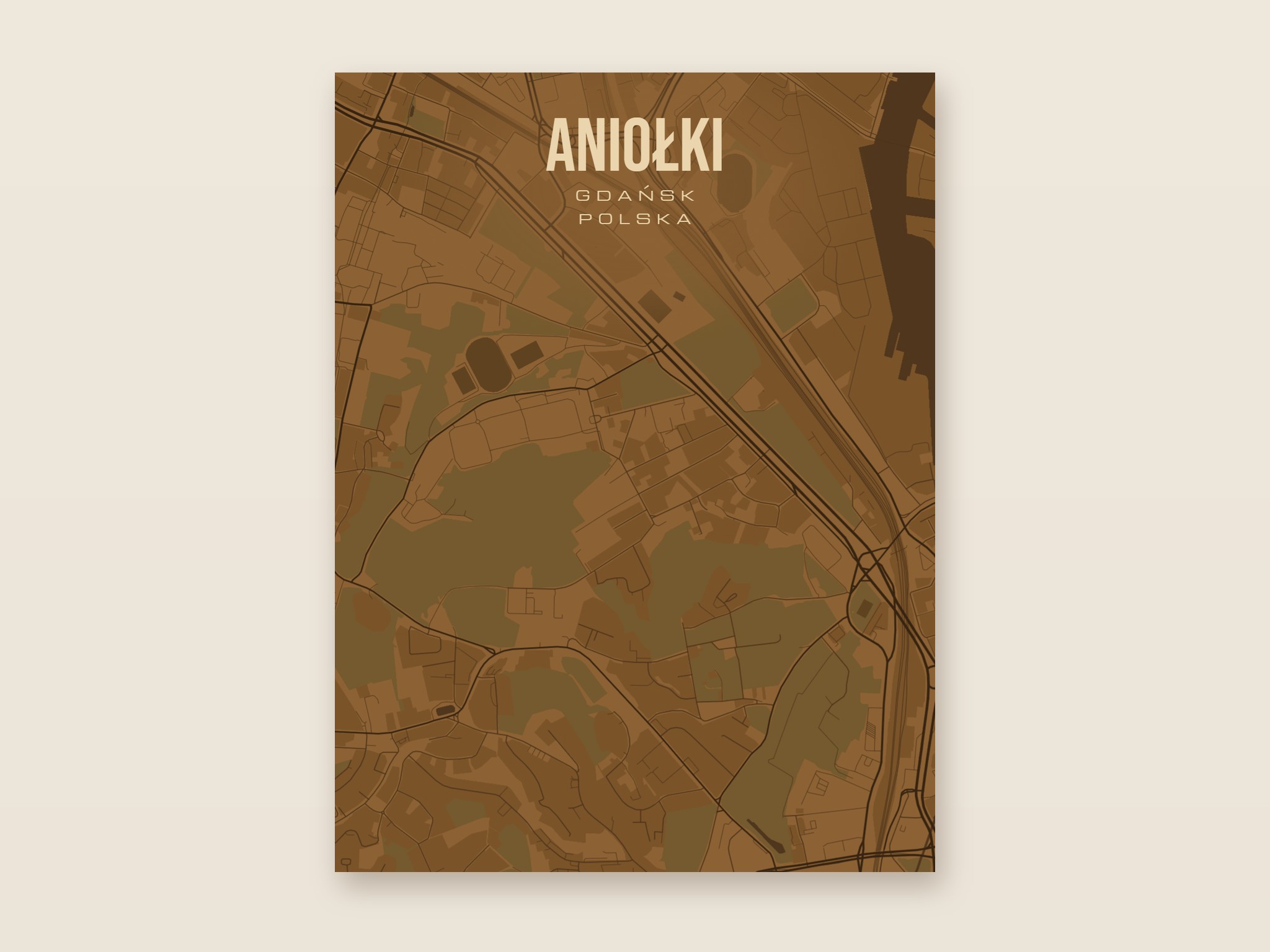 Plakat z mapą - Aniołki (Gdańsk), brązowy styl, bez ramy
