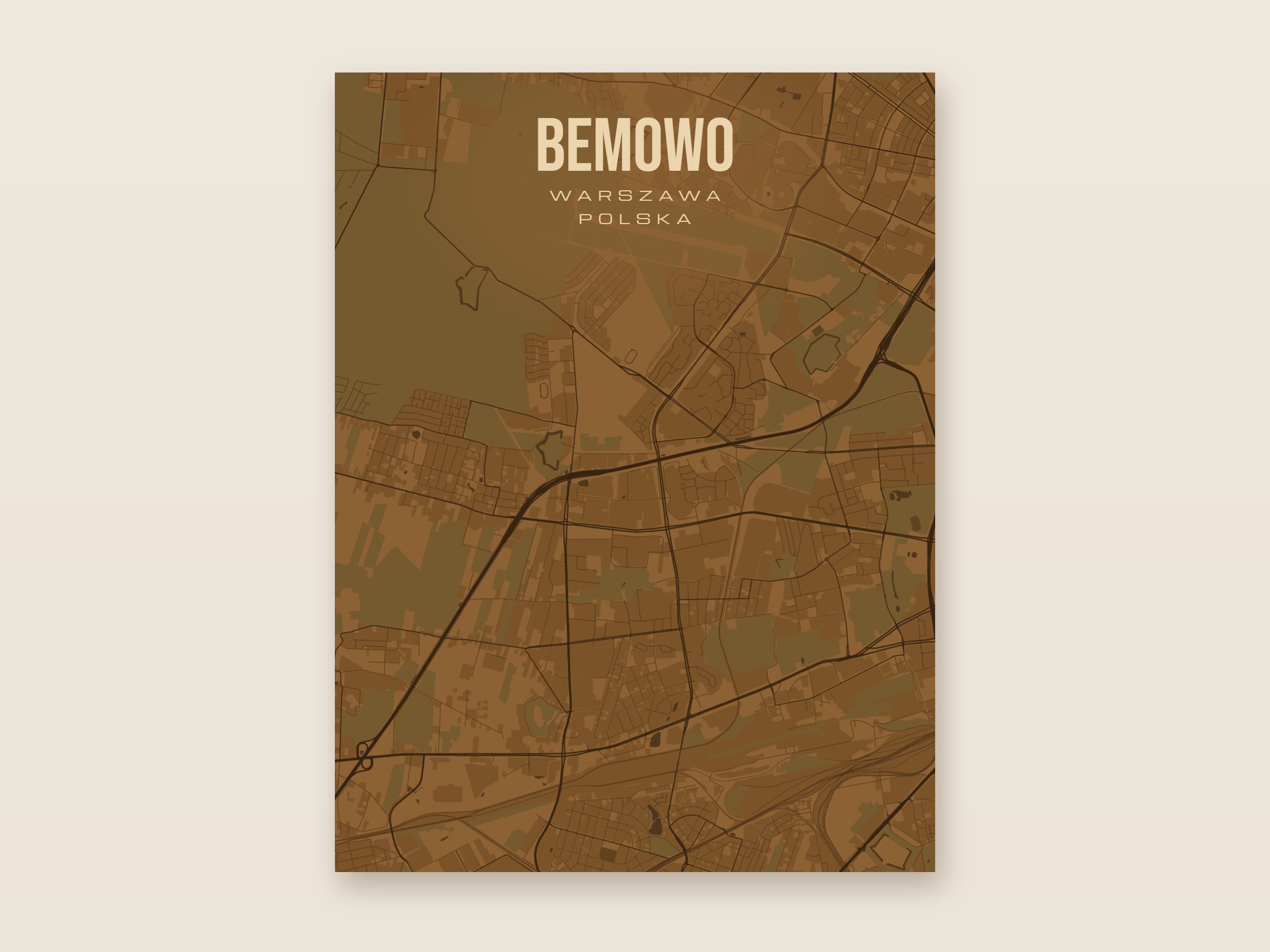 Plakat z mapą - Bemowo (Warszawa), brązowy styl, bez ramy