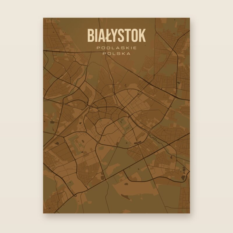 Plakat z mapą - Białystok, brązowy styl, bez ramy