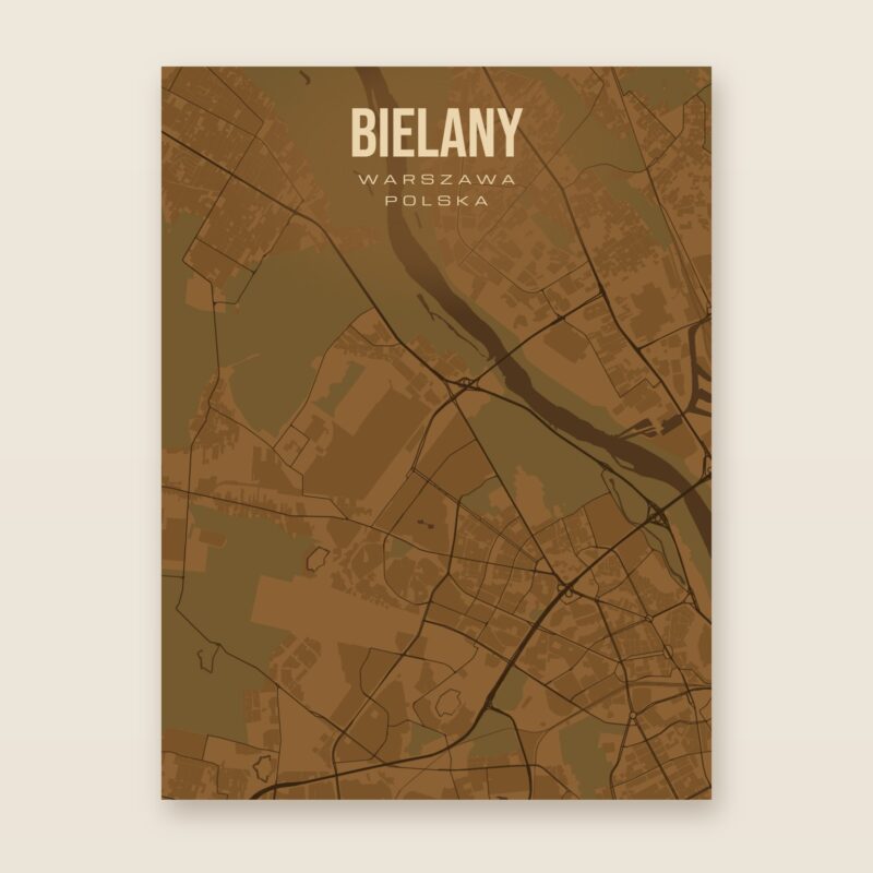Plakat z mapą - Bielany (Warszawa), brązowy styl, bez ramy