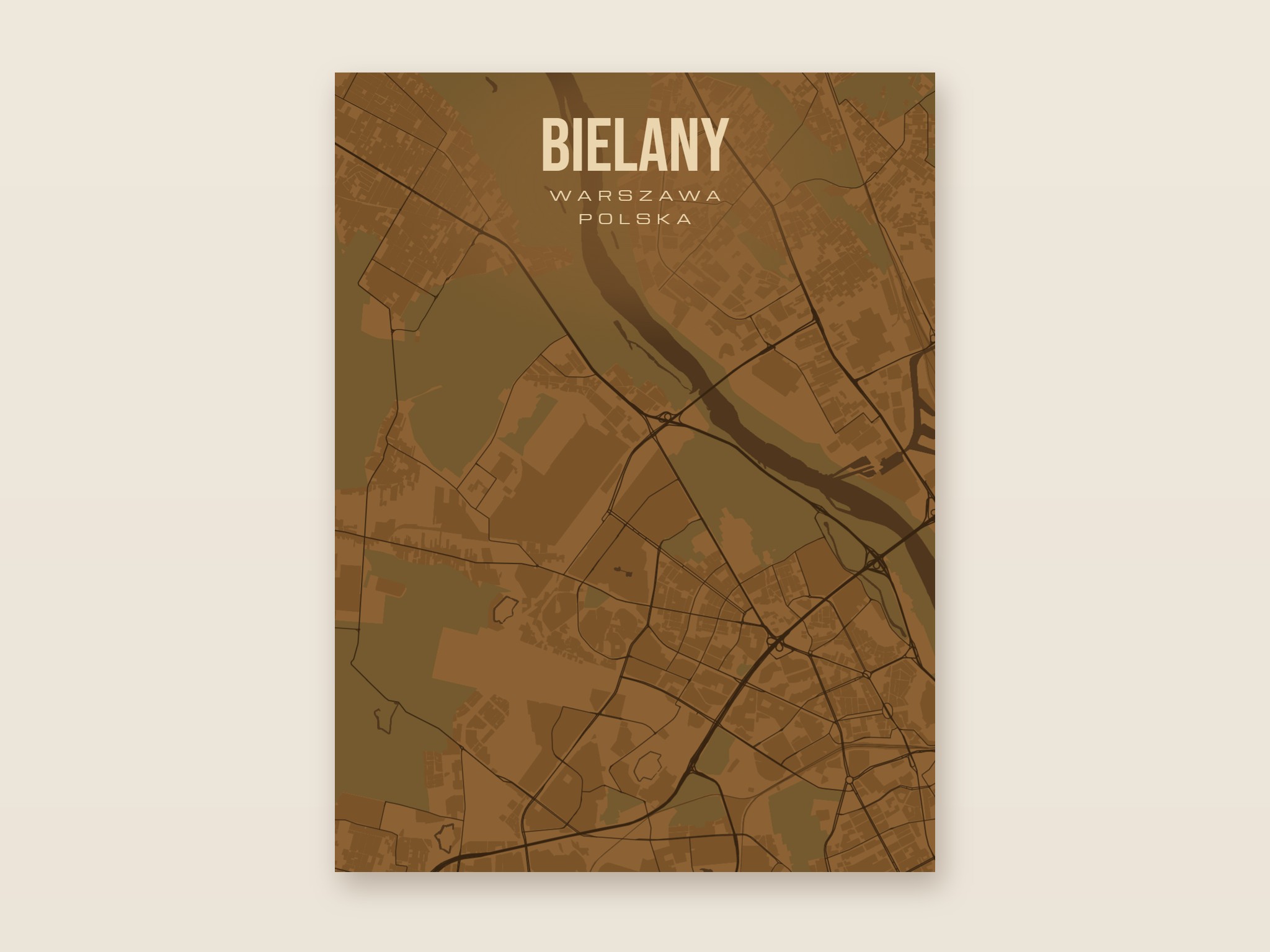 Plakat z mapą - Bielany (Warszawa), brązowy styl, bez ramy