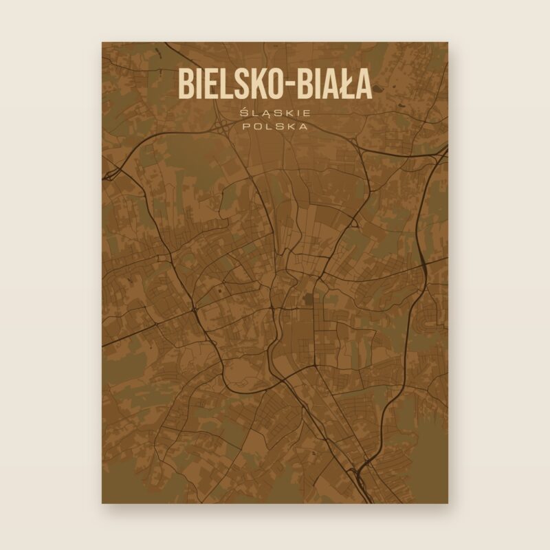Plakat z mapą - Bielsko-Biała, brązowy styl, bez ramy