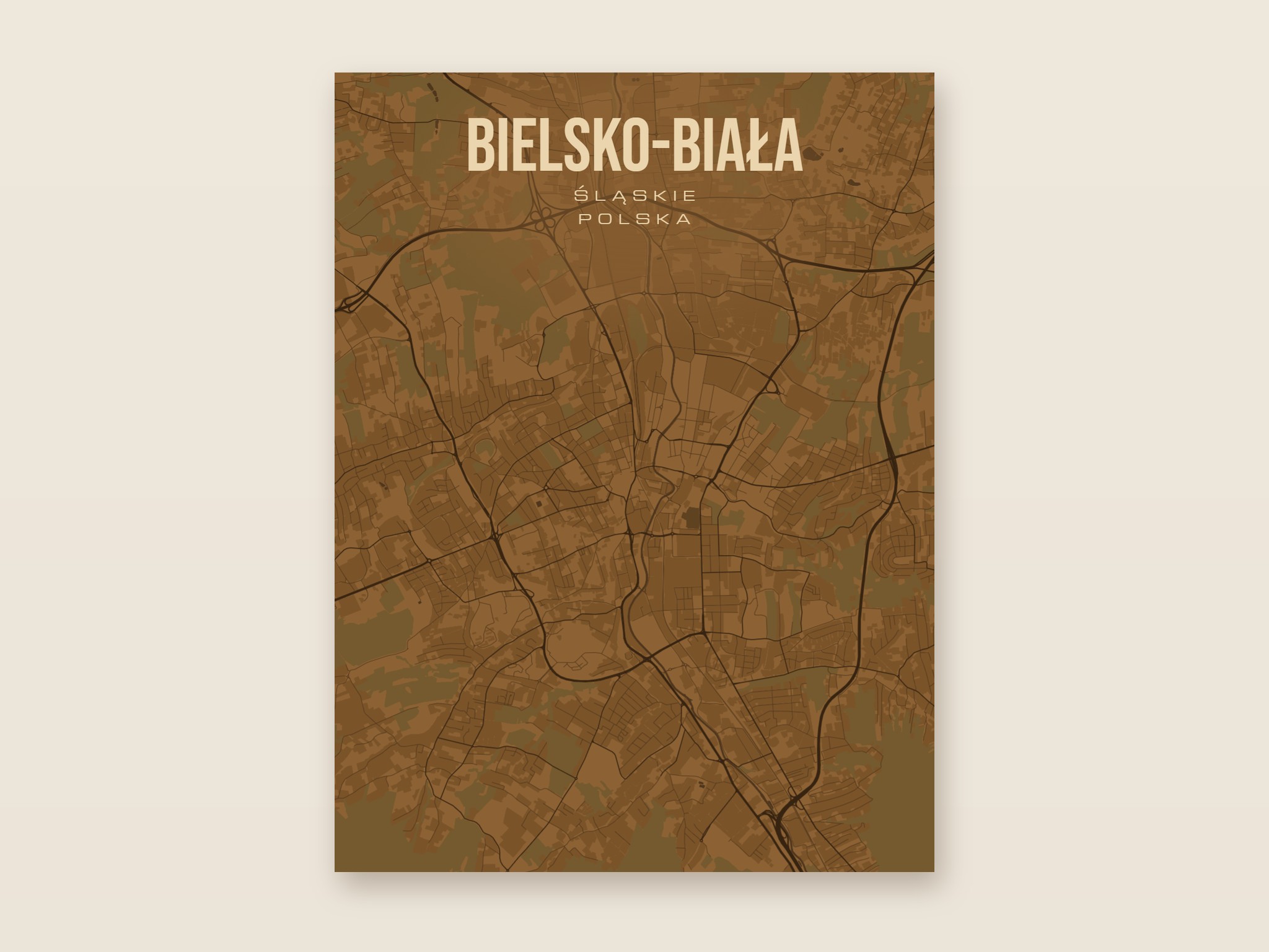 Plakat z mapą - Bielsko-Biała, brązowy styl, bez ramy