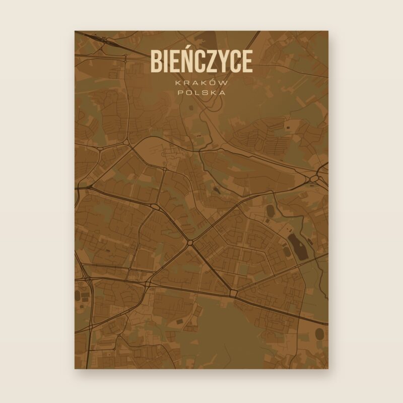 Plakat z mapą - Bieńczyce (Kraków), brązowy styl, bez ramy