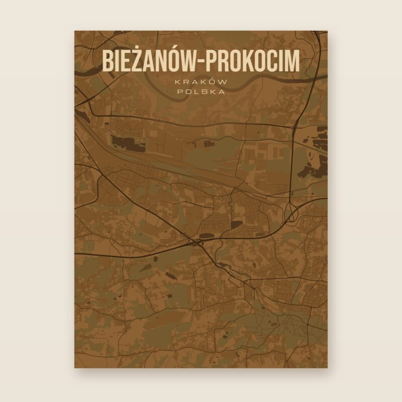 Plakat z mapą - Bieżanów-Prokocim (Kraków), brązowy styl, bez ramy