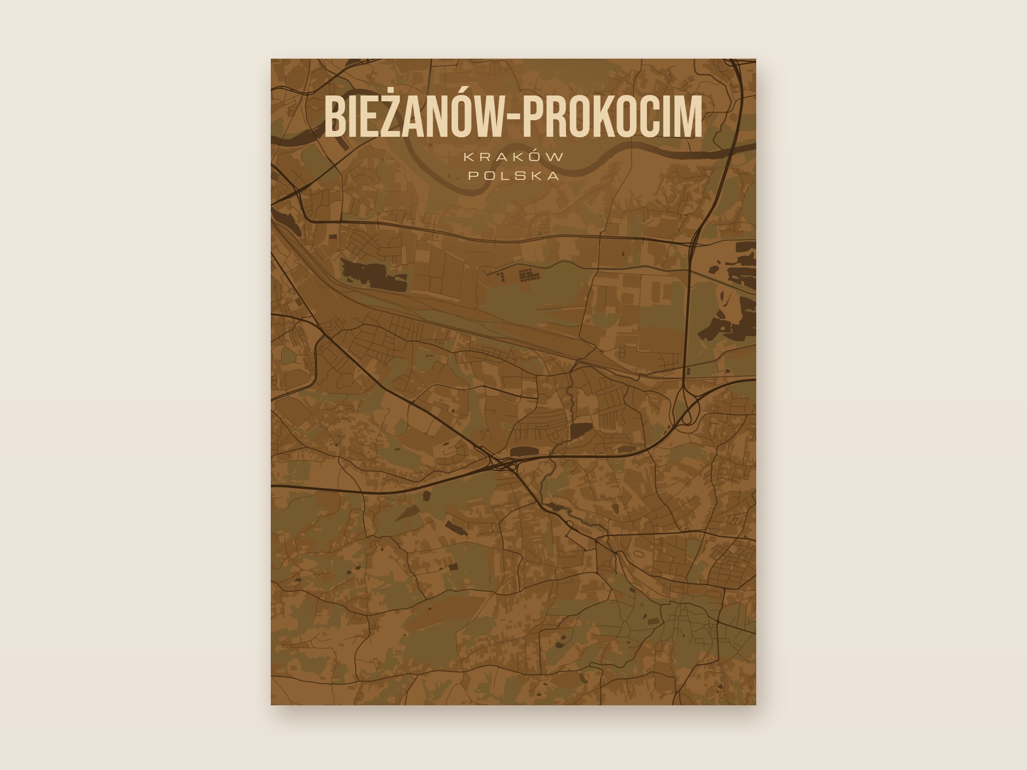 Plakat z mapą - Bieżanów-Prokocim (Kraków), brązowy styl, bez ramy