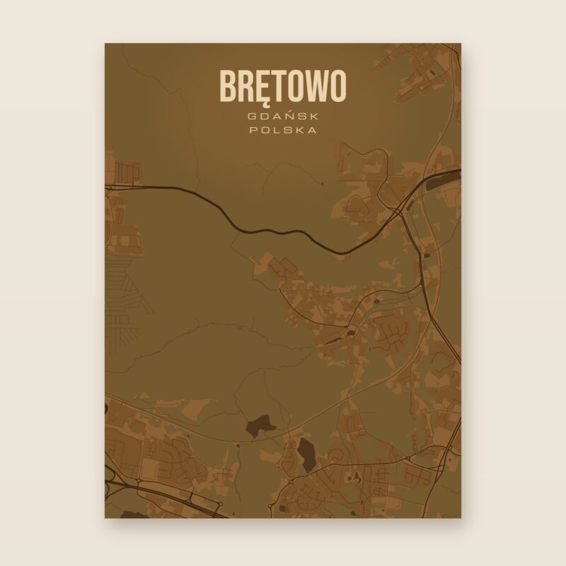 Plakat z mapą - Brętowo (Gdańsk), brązowy styl, bez ramy