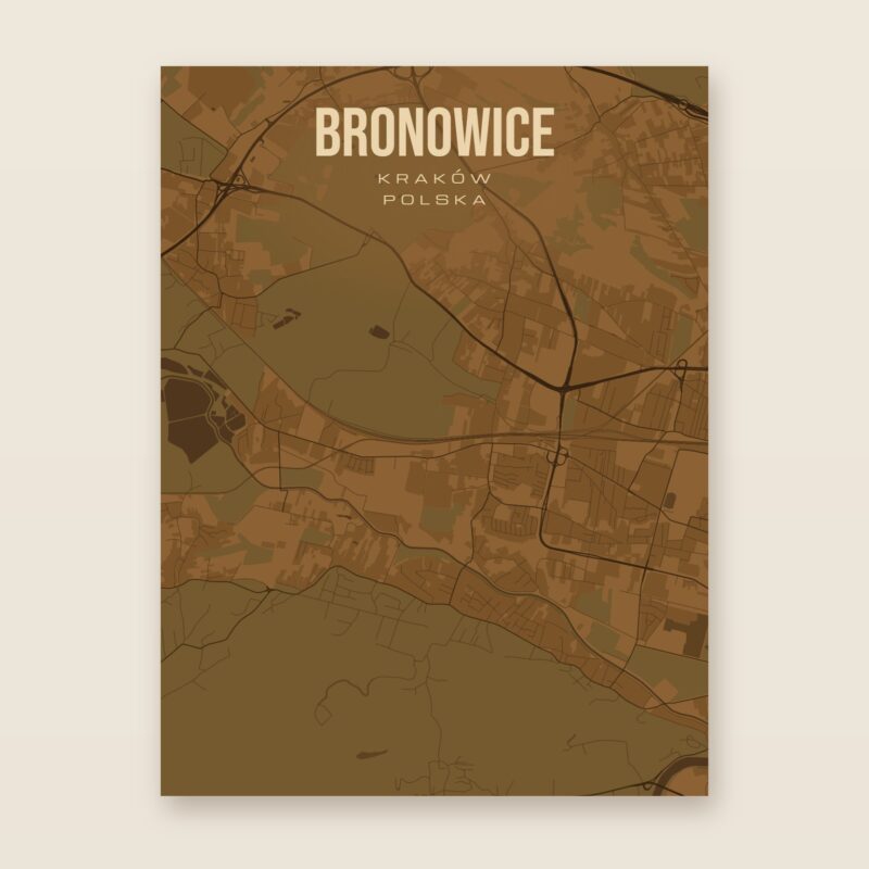 Plakat z mapą - Bronowice (Kraków), brązowy styl, bez ramy