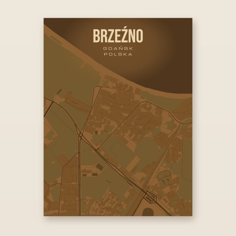 Plakat z mapą - Brzeźno (Gdańsk), brązowy styl, bez ramy