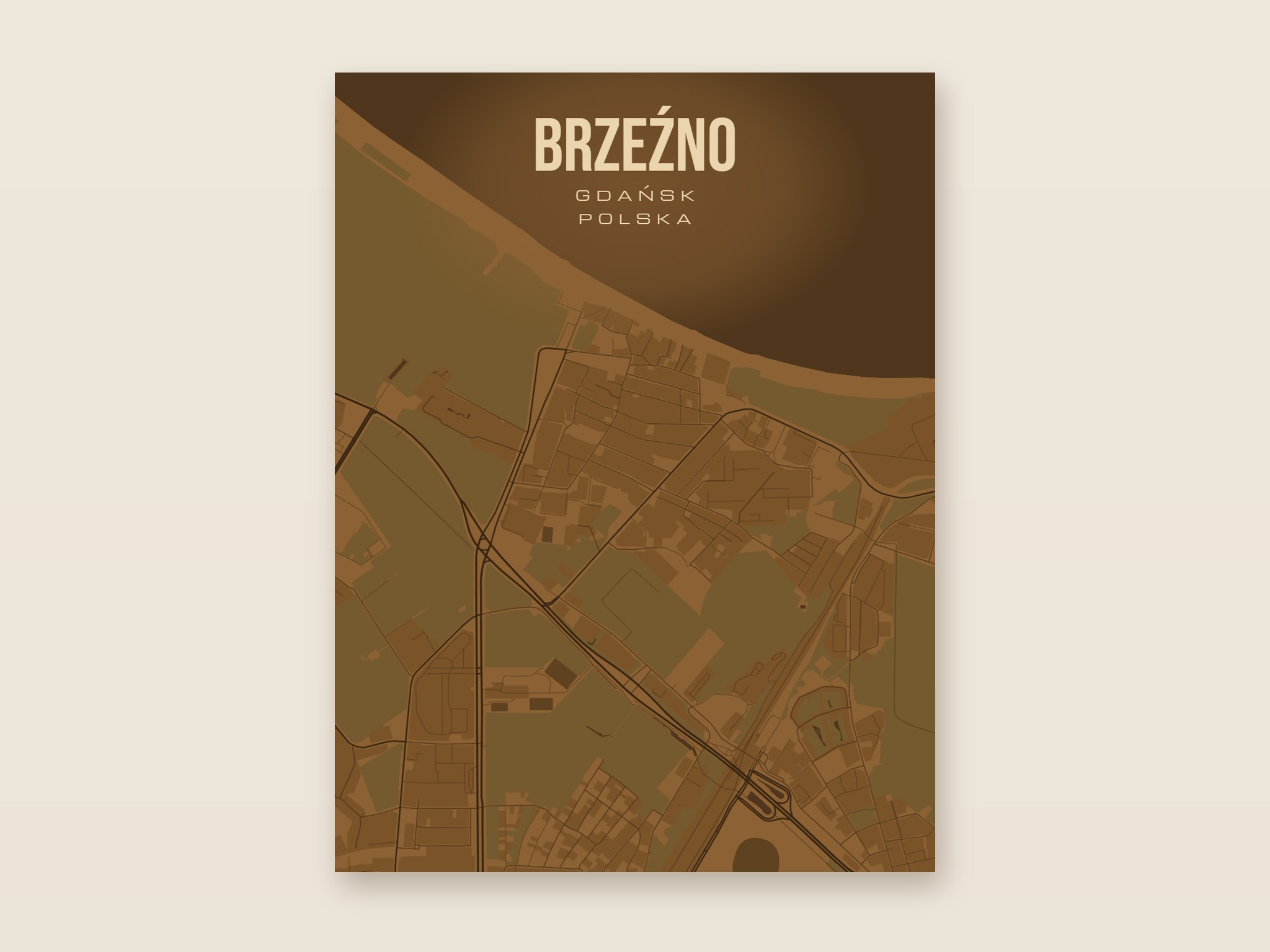 Plakat z mapą - Brzeźno (Gdańsk), brązowy styl, bez ramy