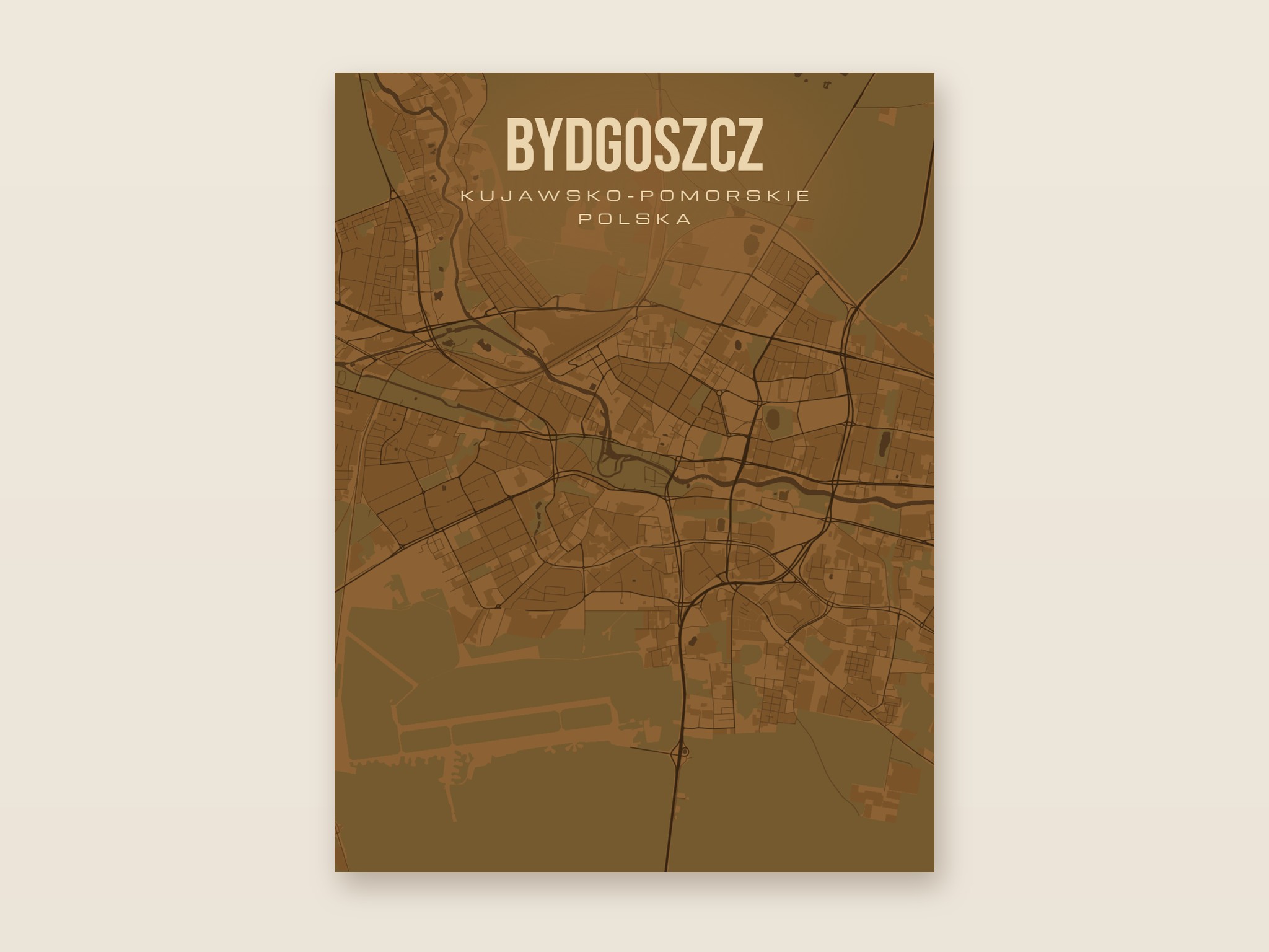 Plakat z mapą - Bydgoszcz, brązowy styl, bez ramy