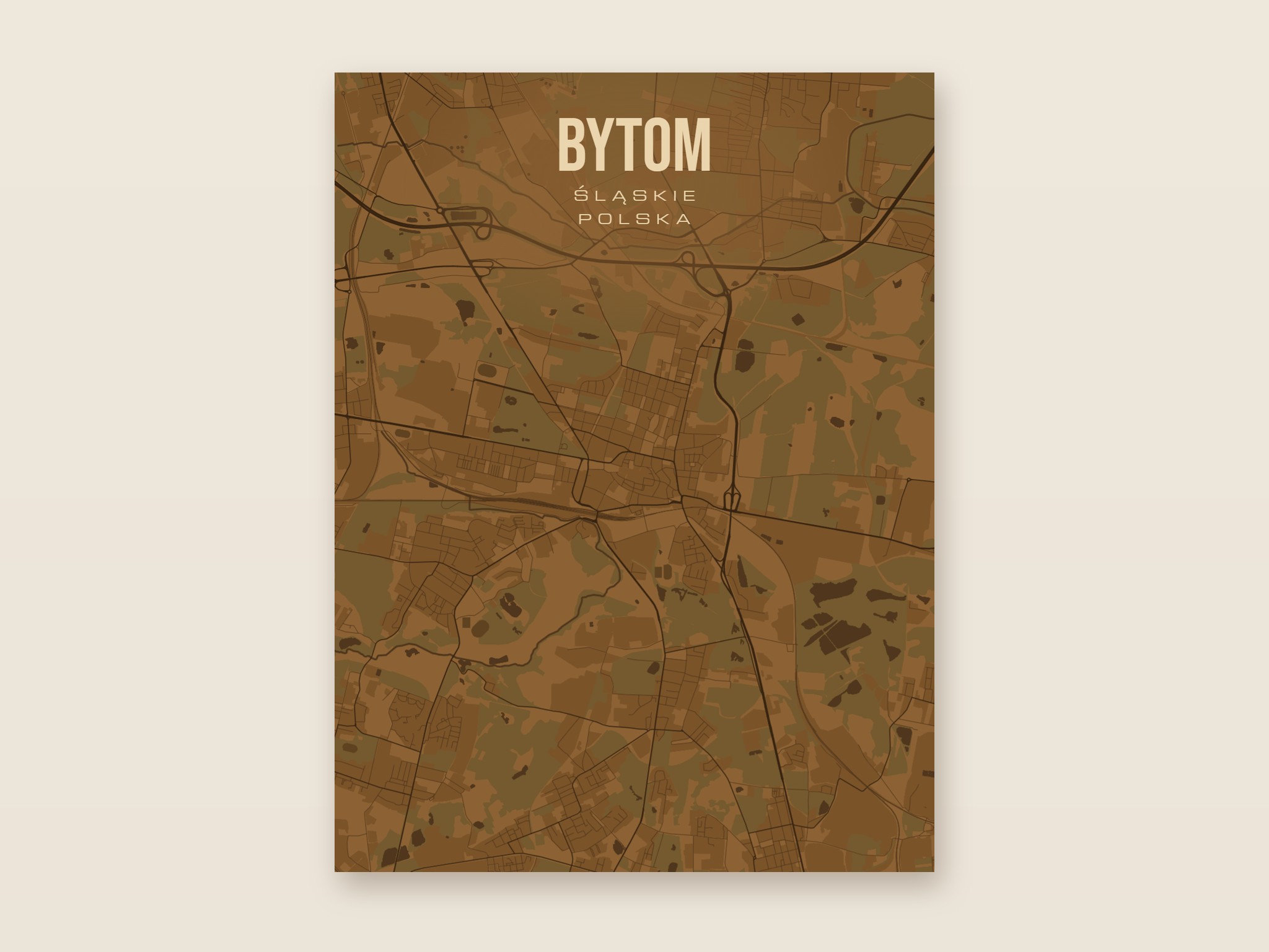 Plakat z mapą - Bytom, brązowy styl, bez ramy