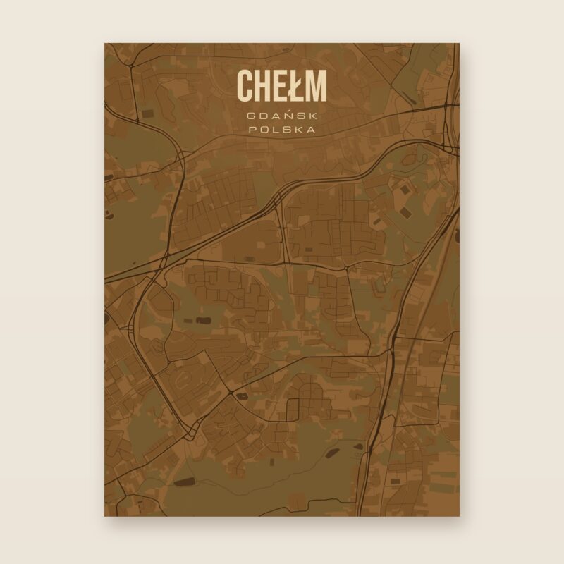 Plakat z mapą - Chełm (Gdańsk), brązowy styl, bez ramy