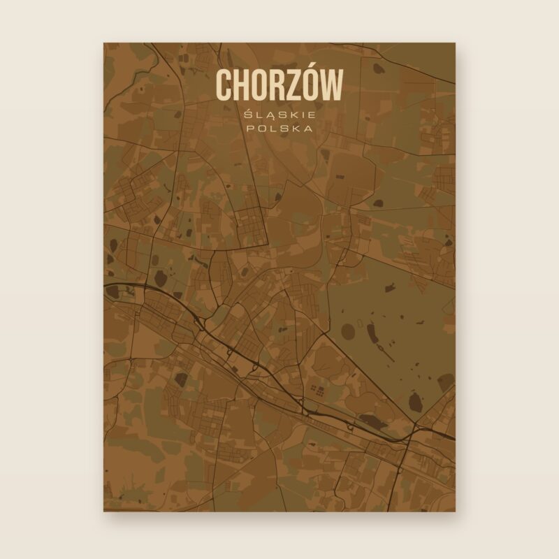 Plakat z mapą - Chorzów, brązowy styl, bez ramy
