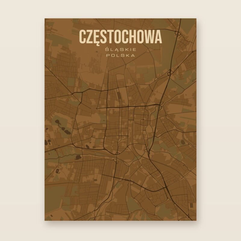 Plakat z mapą - Częstochowa, brązowy styl, bez ramy