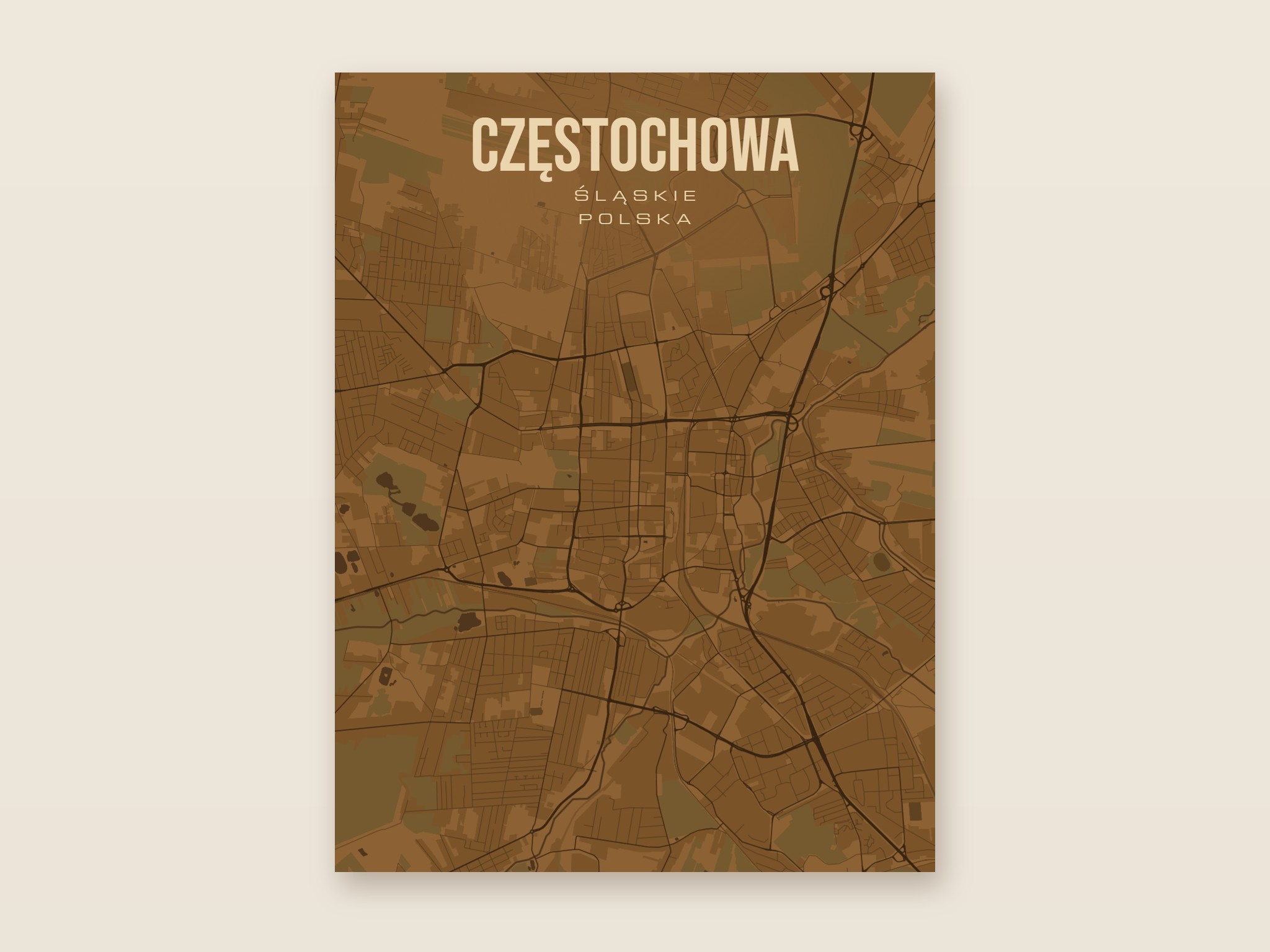 Plakat z mapą - Częstochowa, brązowy styl, bez ramy