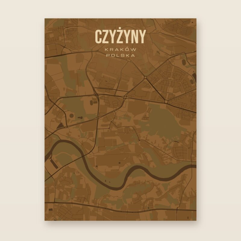 Plakat z mapą - Czyżyny (Kraków), brązowy styl, bez ramy