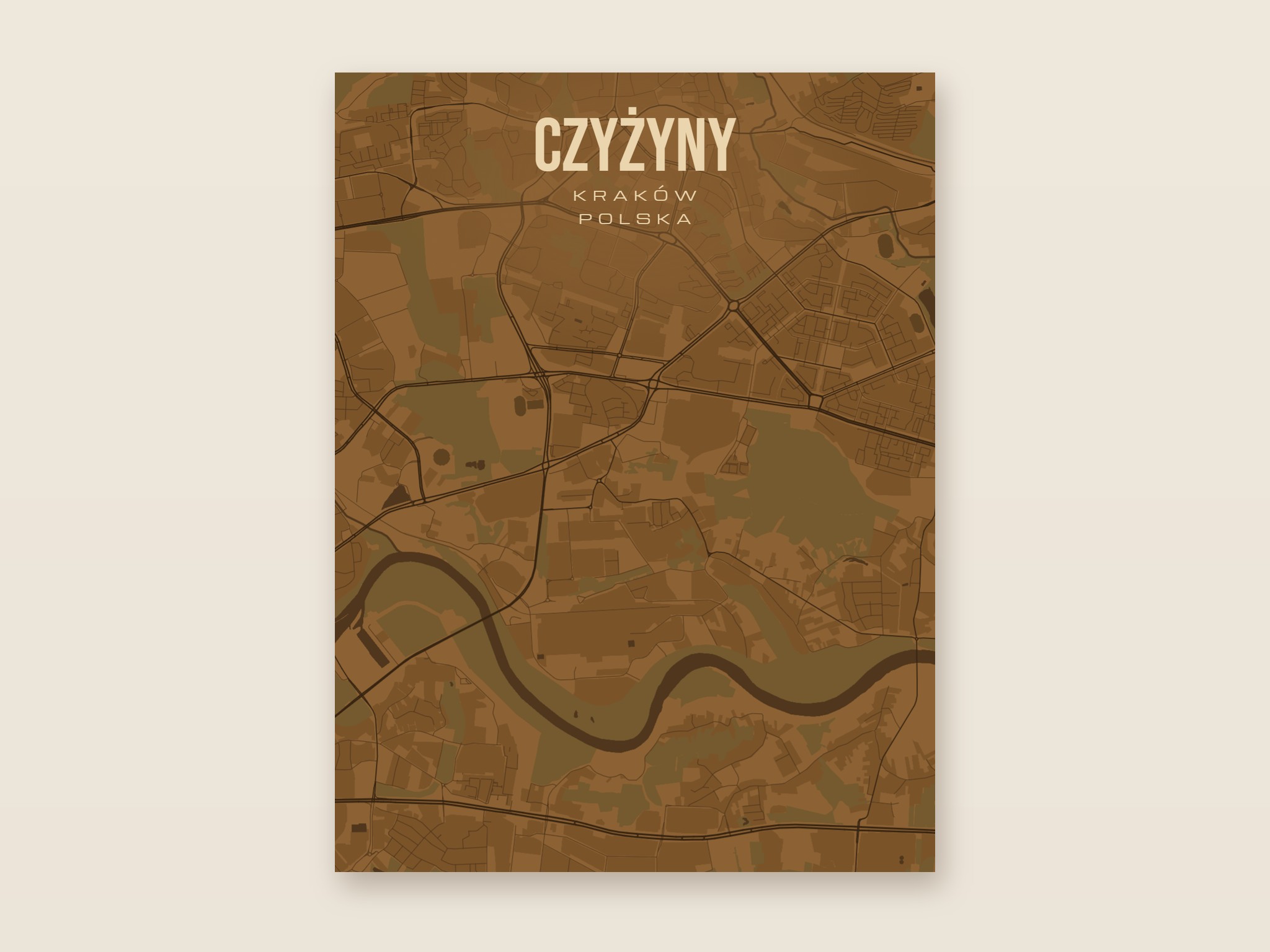 Plakat z mapą - Czyżyny (Kraków), brązowy styl, bez ramy