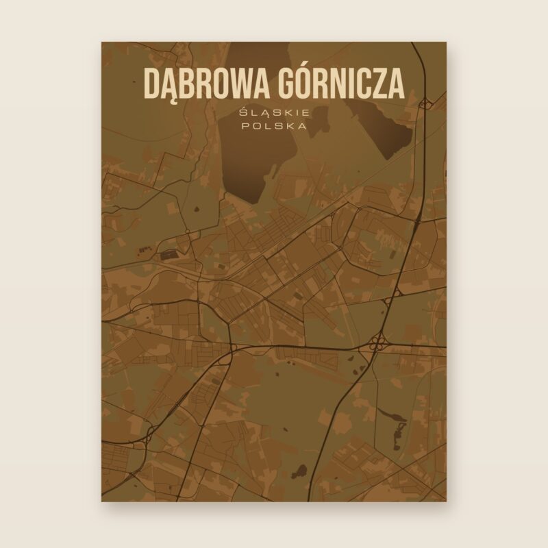 Plakat z mapą - Dąbrowa Górnicza, brązowy styl, bez ramy