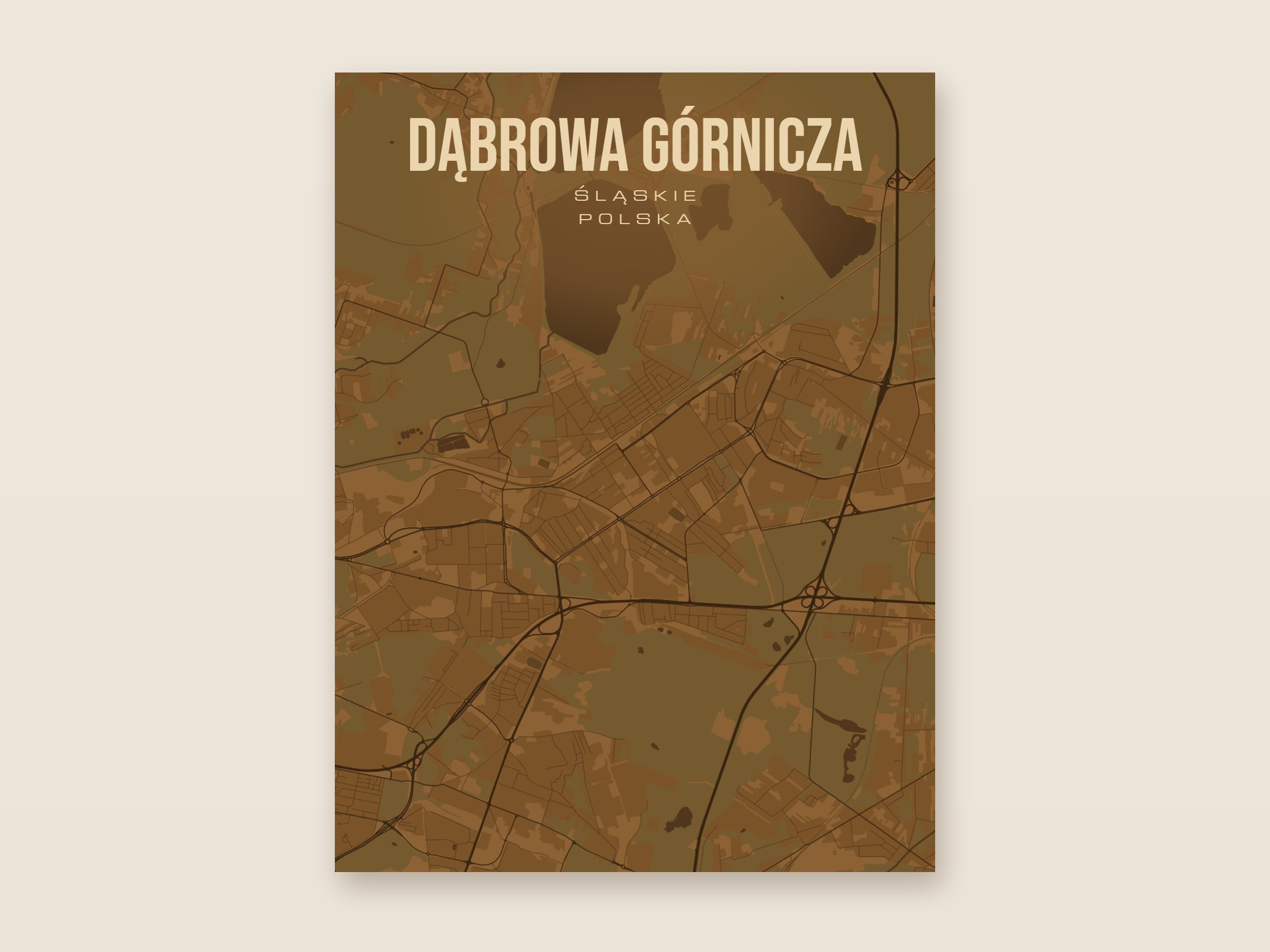 Plakat z mapą - Dąbrowa Górnicza, brązowy styl, bez ramy