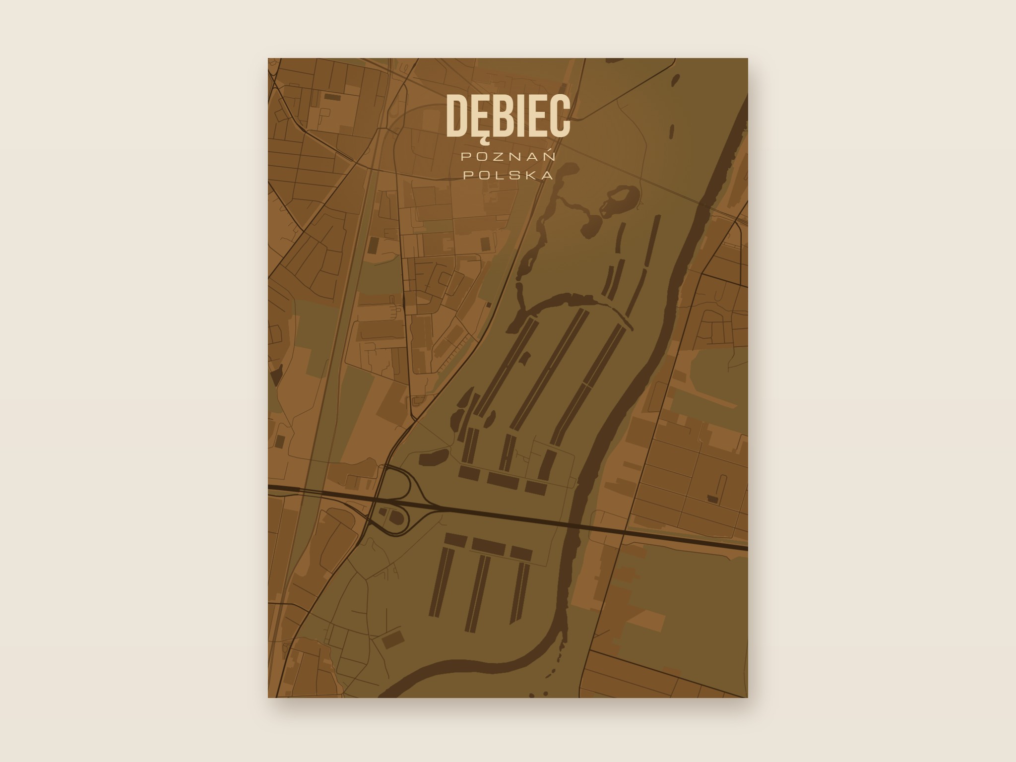 Plakat z mapą - Dębiec (Poznań), brązowy styl, bez ramy