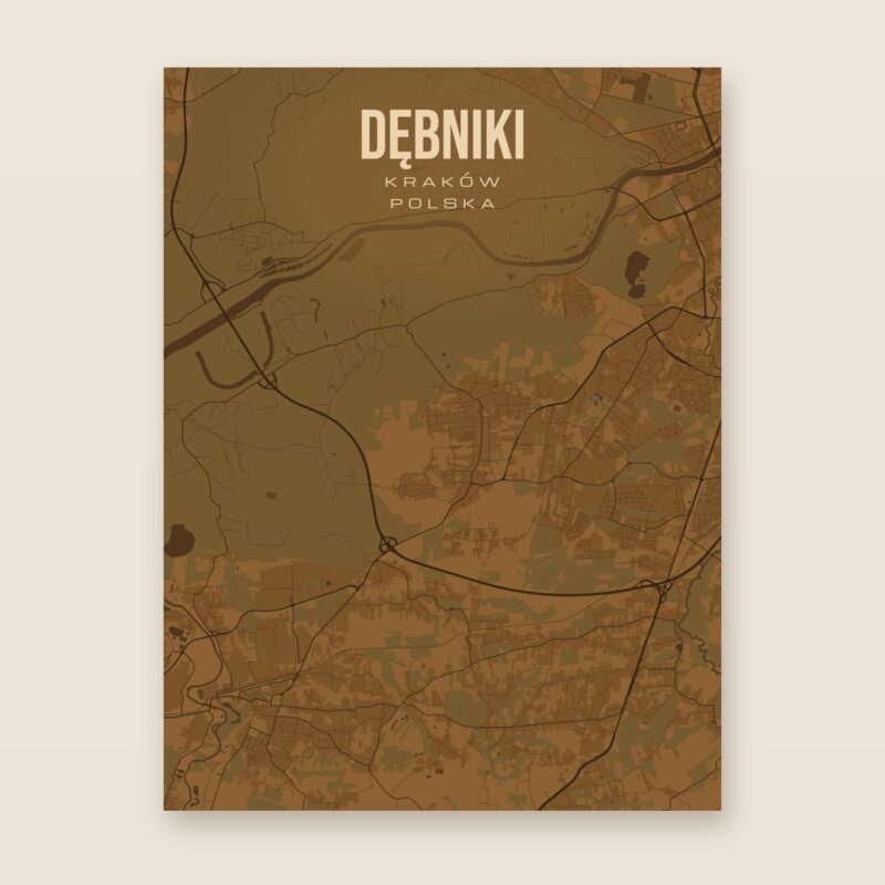 Plakat z mapą - Dębniki (Kraków), brązowy styl, bez ramy