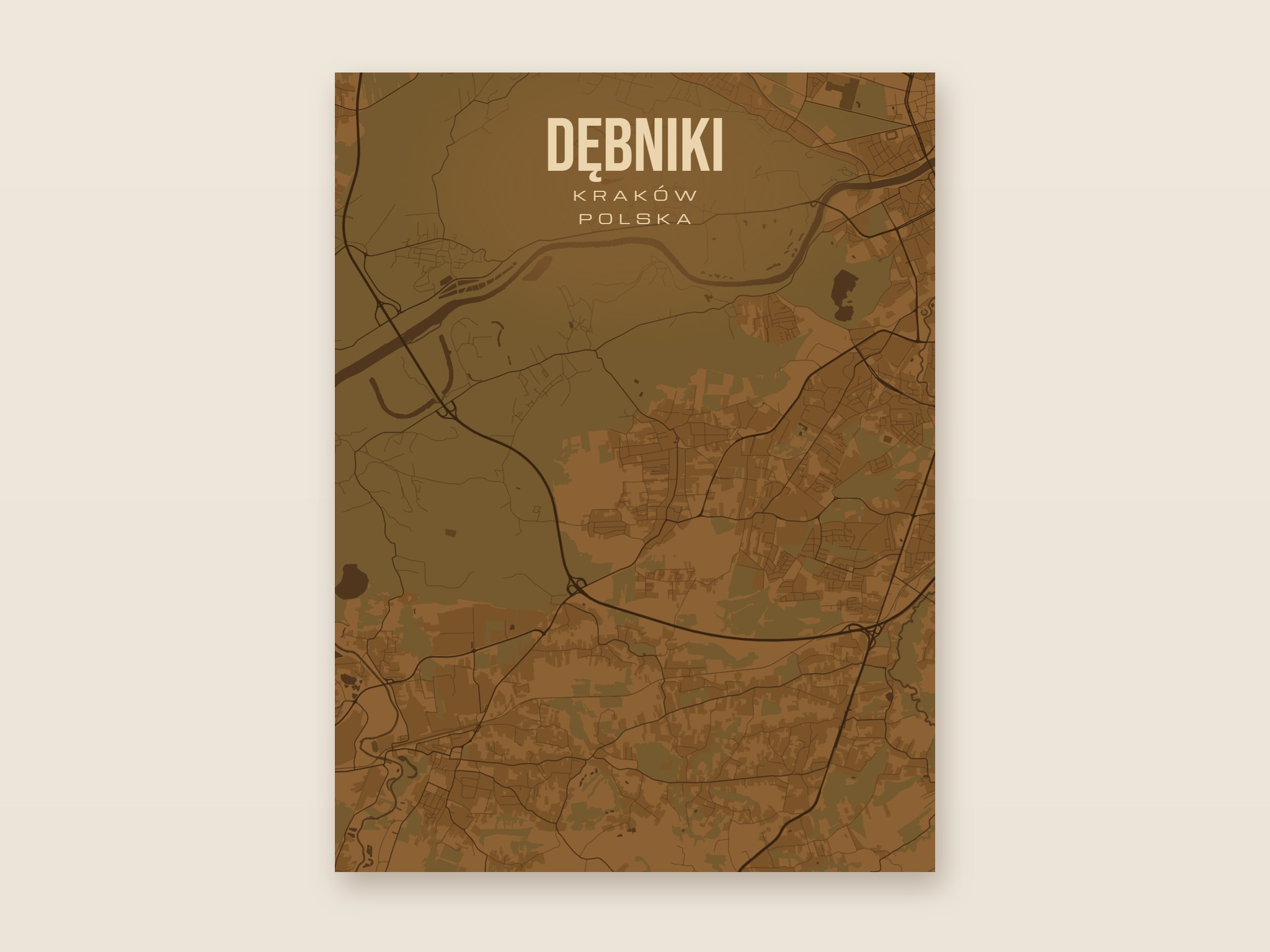 Plakat z mapą - Dębniki (Kraków), brązowy styl, bez ramy