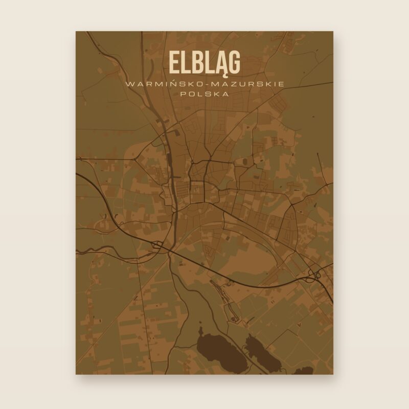 Plakat z mapą - Elbląg, brązowy styl, bez ramy