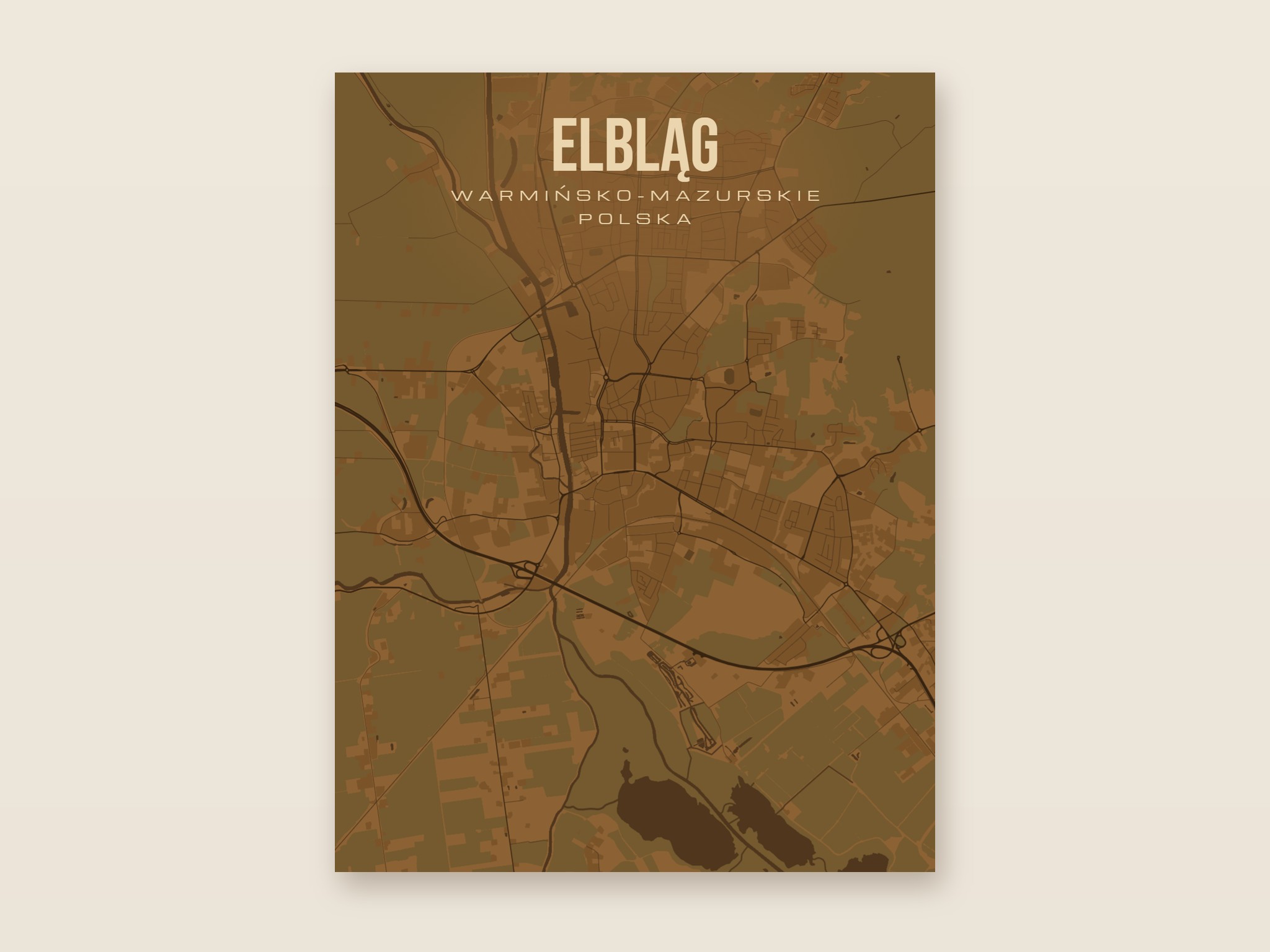 Plakat z mapą - Elbląg, brązowy styl, bez ramy