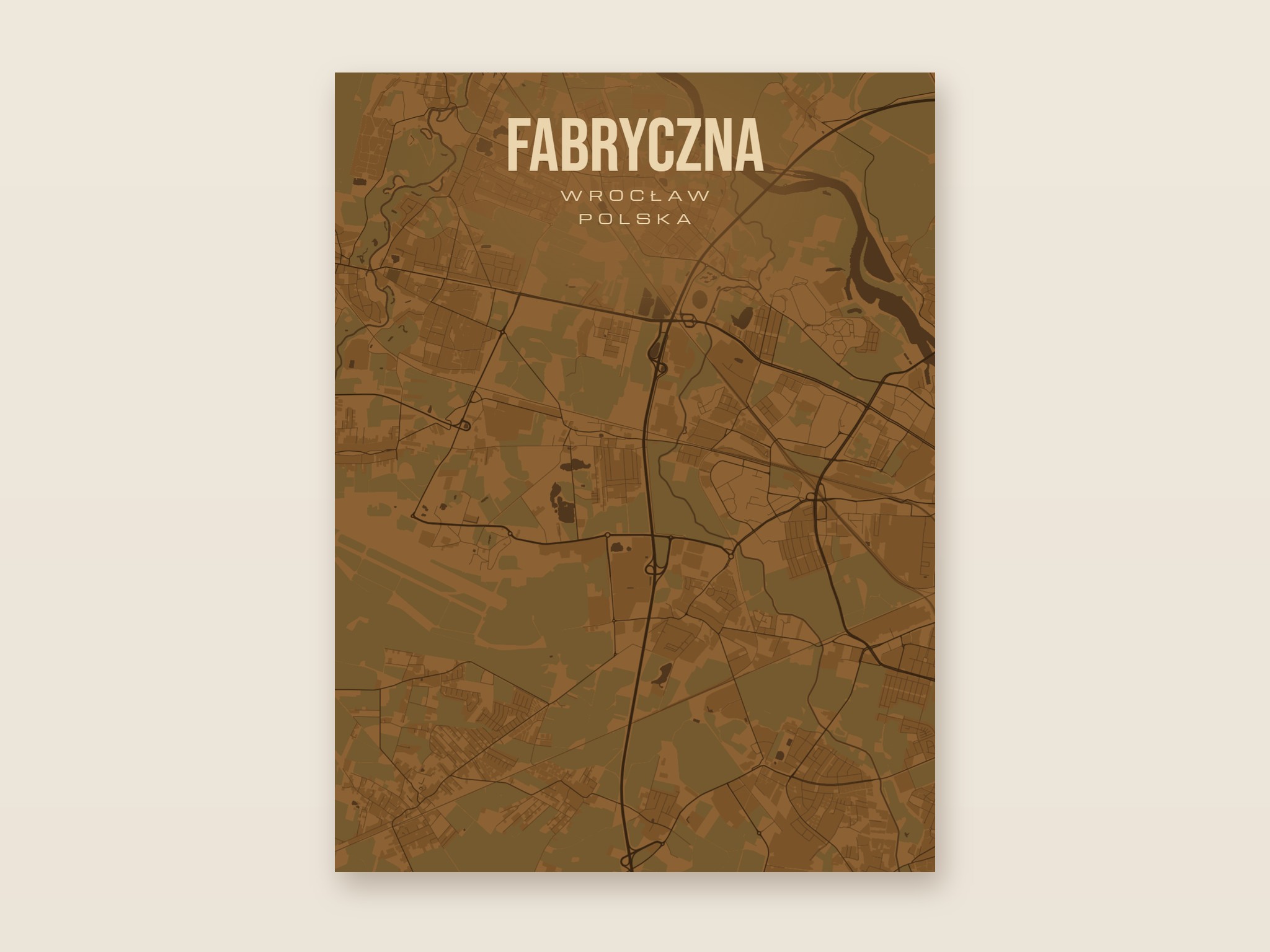Plakat z mapą - Fabryczna (Wrocław), brązowy styl, bez ramy