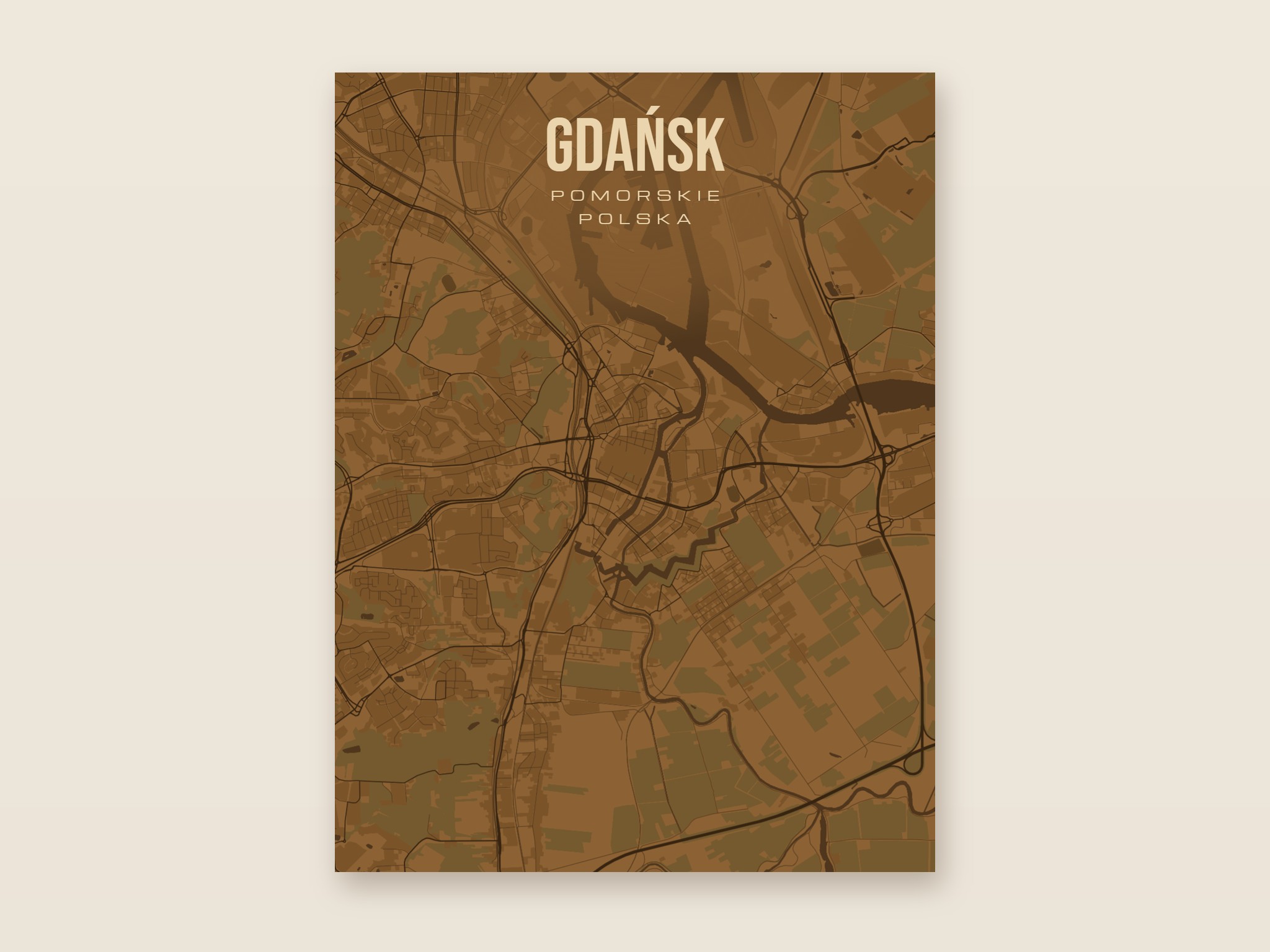Plakat z mapą - Gdańsk, brązowy styl, bez ramy