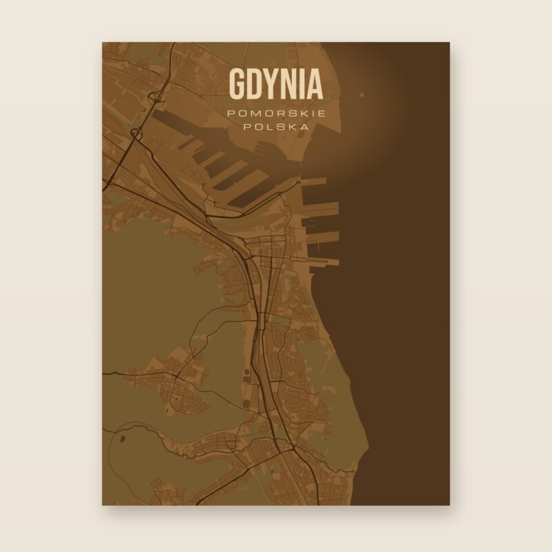 Plakat z mapą - Gdynia, brązowy styl, bez ramy