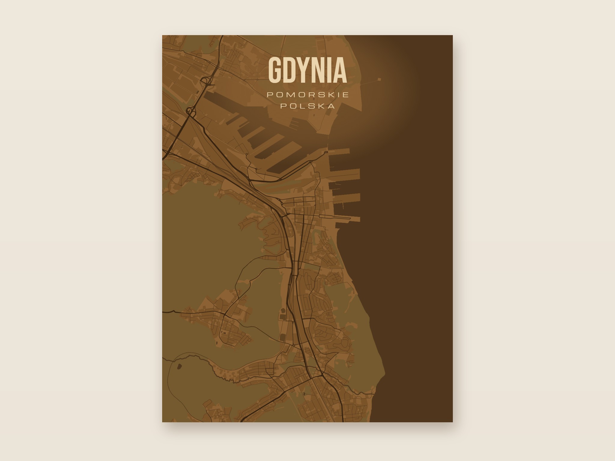 Plakat z mapą - Gdynia, brązowy styl, bez ramy