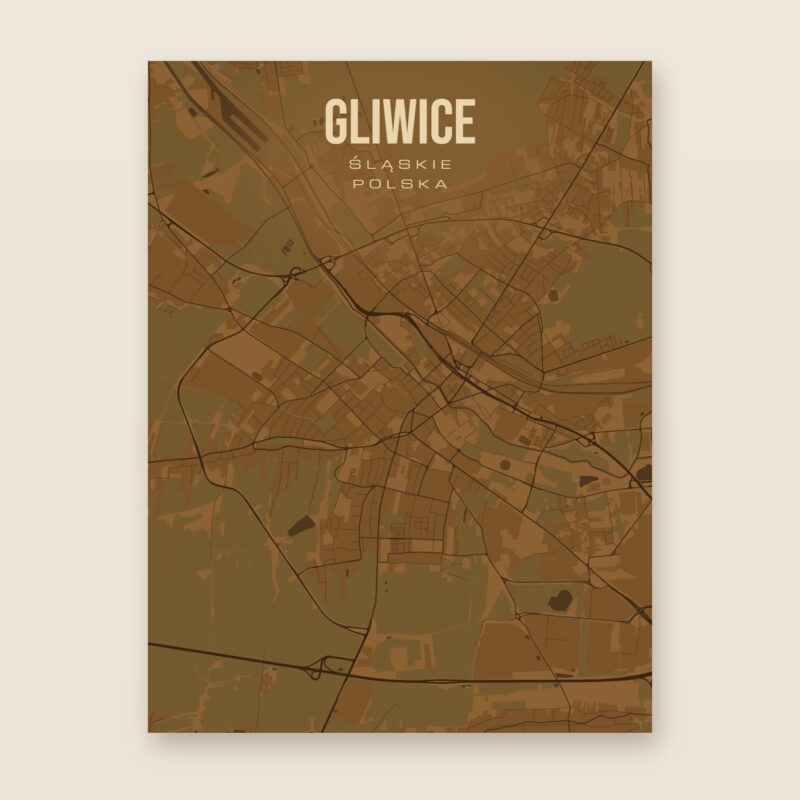 Plakat z mapą - Gliwice, brązowy styl, bez ramy