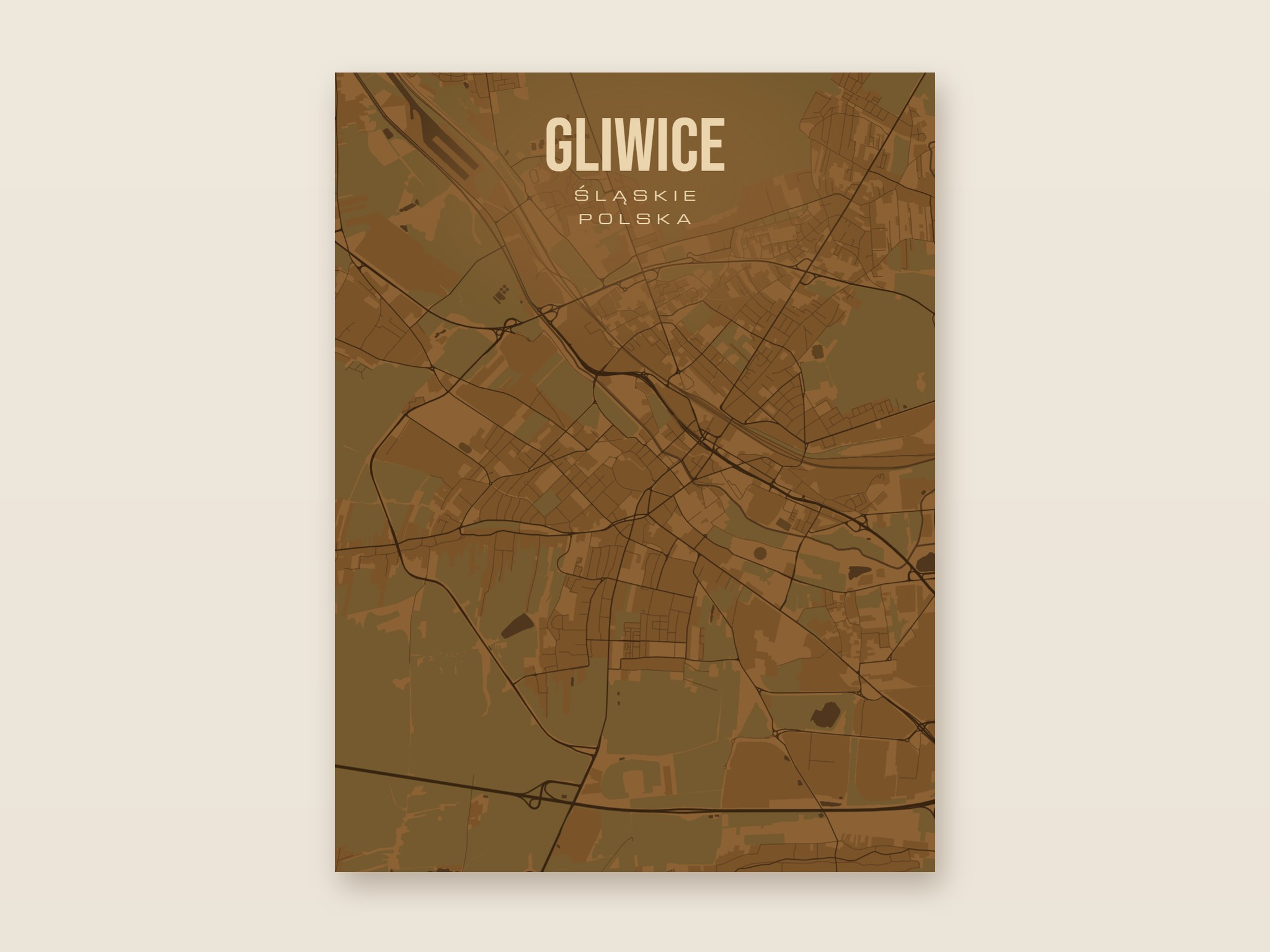 Plakat z mapą - Gliwice, brązowy styl, bez ramy