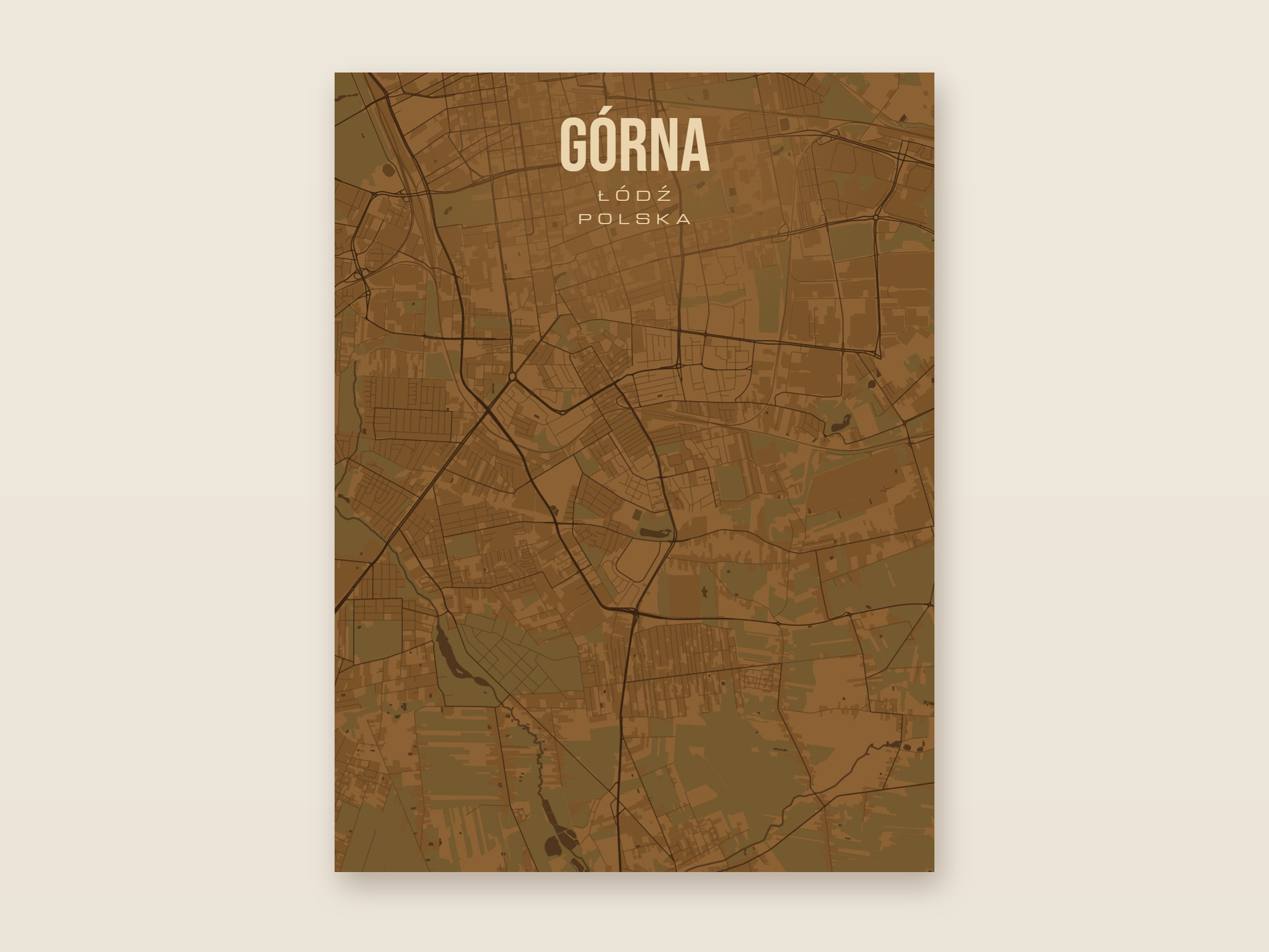 Plakat z mapą - Górna (Łódź), brązowy styl, bez ramy