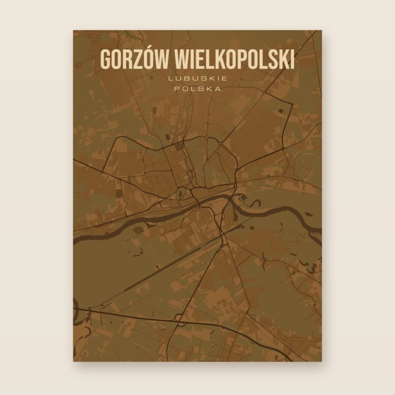 Plakat z mapą - Gorzów Wielkopolski, brązowy styl, bez ramy